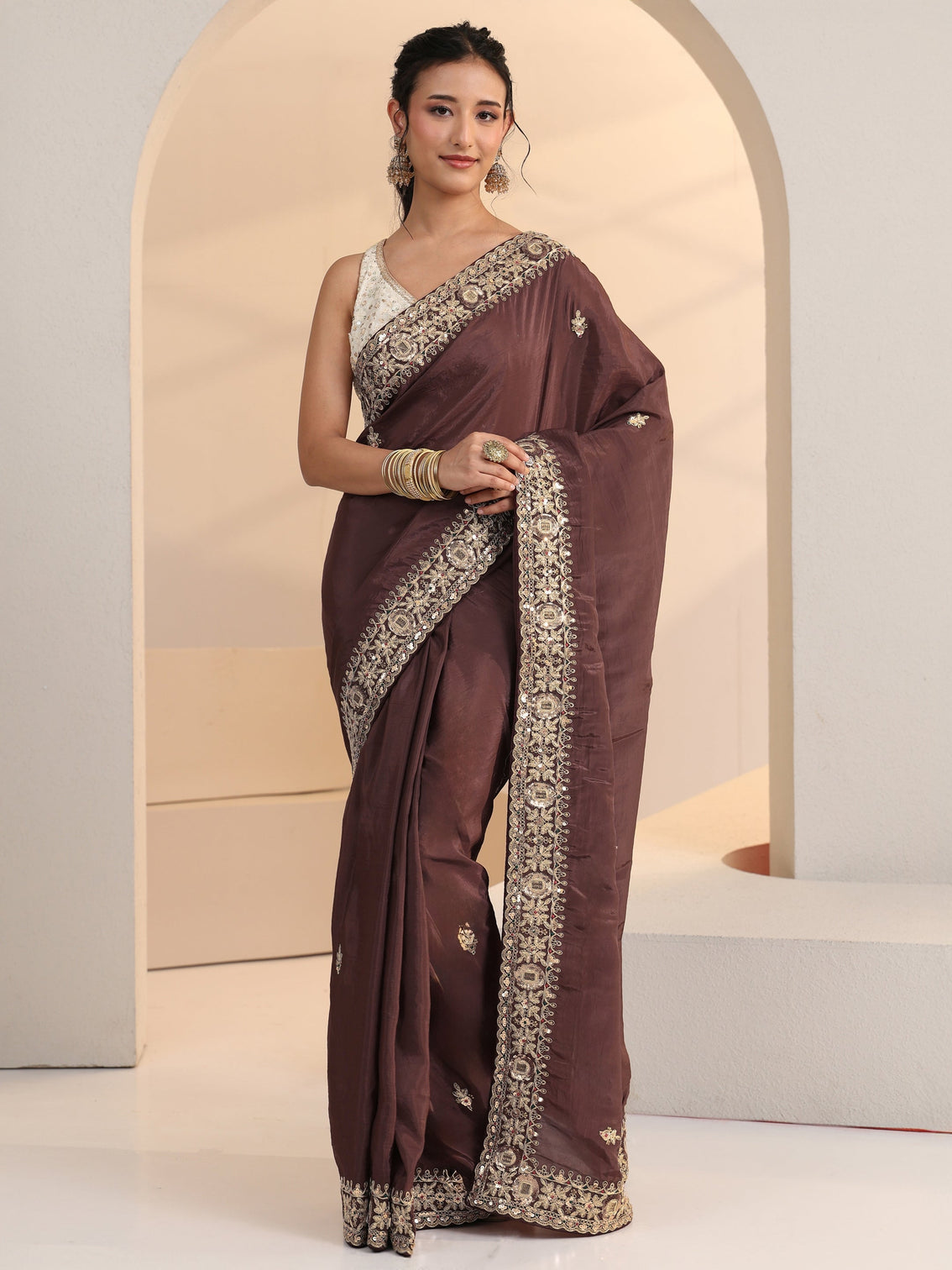 Mameraa Brown Embroidered Silk Blend Saree