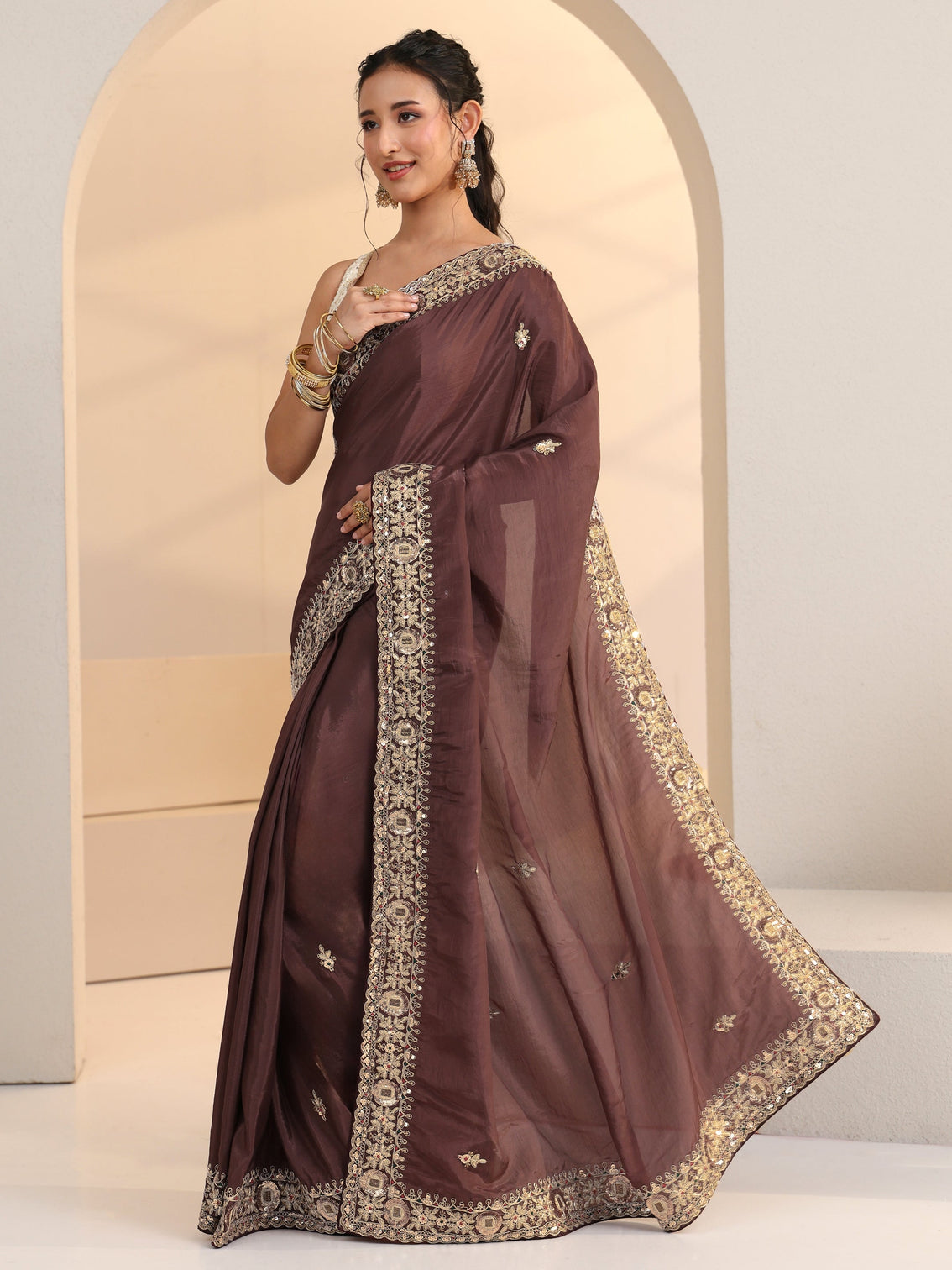 Mameraa Brown Embroidered Silk Blend Saree