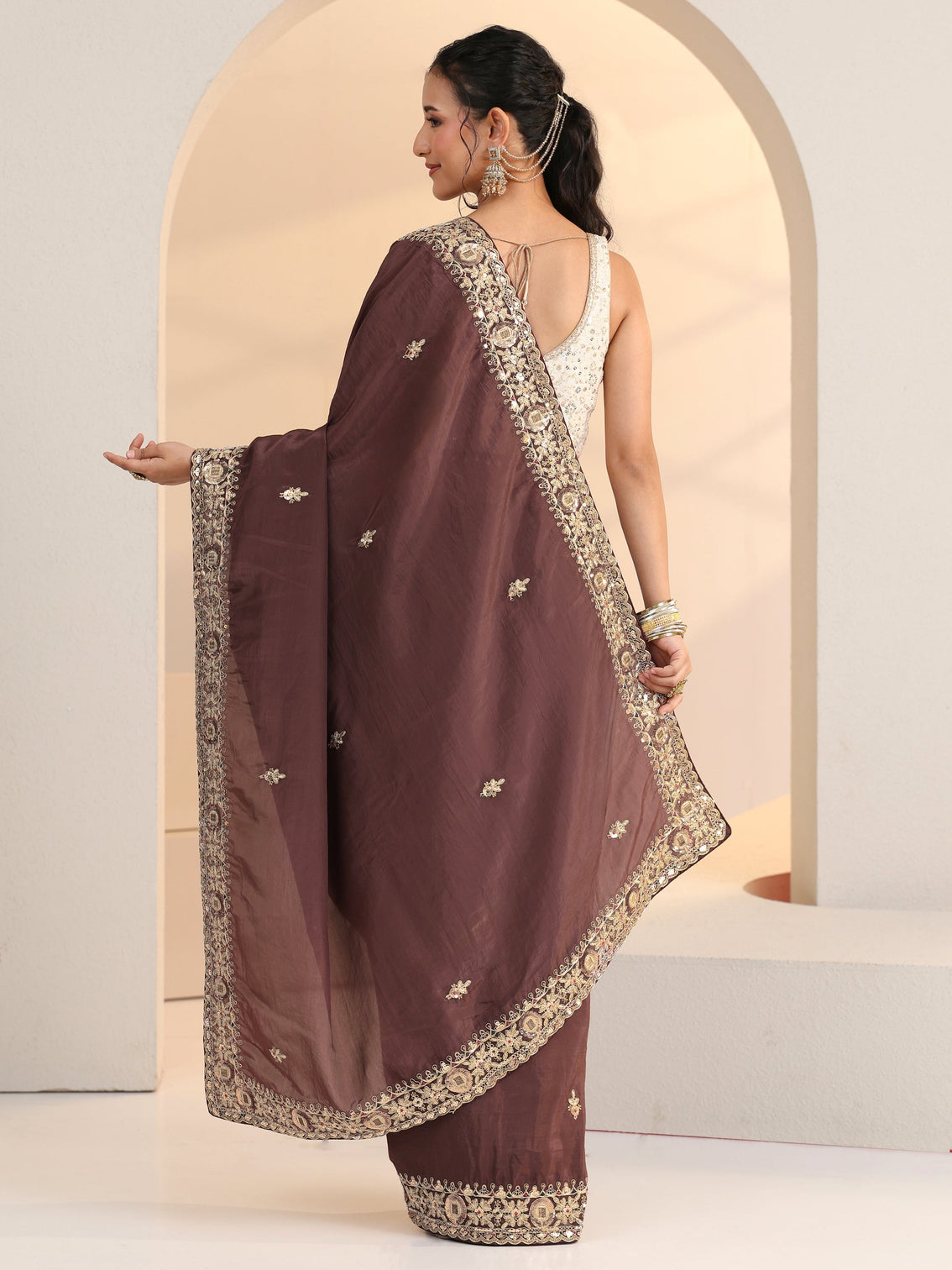 Mameraa Brown Embroidered Silk Blend Saree