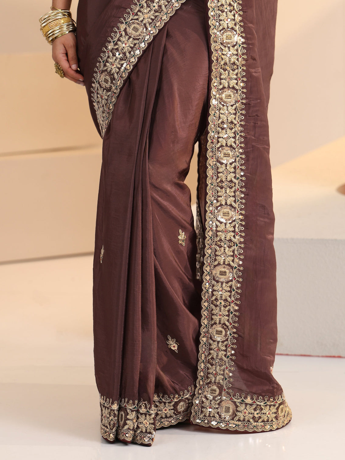 Mameraa Brown Embroidered Silk Blend Saree