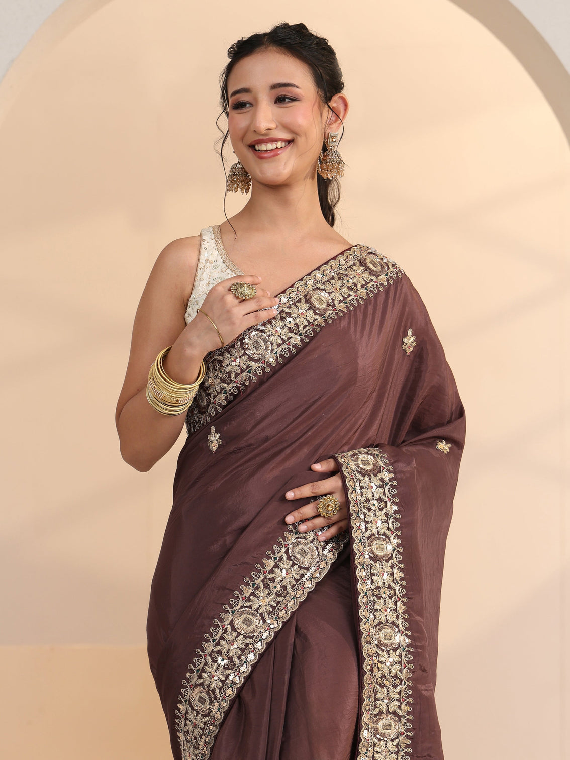 Mameraa Brown Embroidered Silk Blend Saree