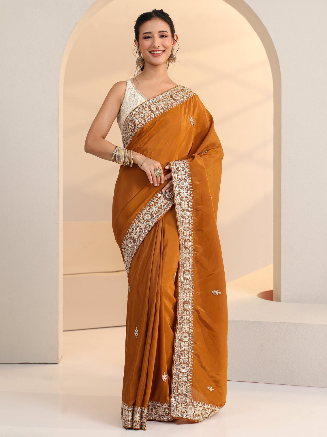 Mameraa Rust Embroidered Silk Blend Saree