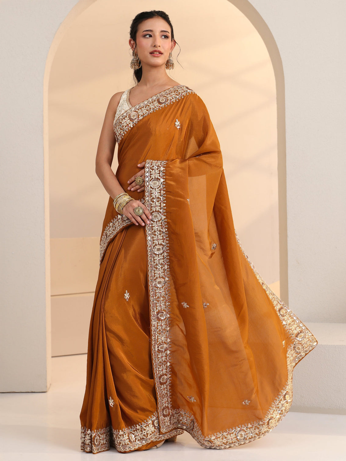 Mameraa Rust Embroidered Silk Blend Saree