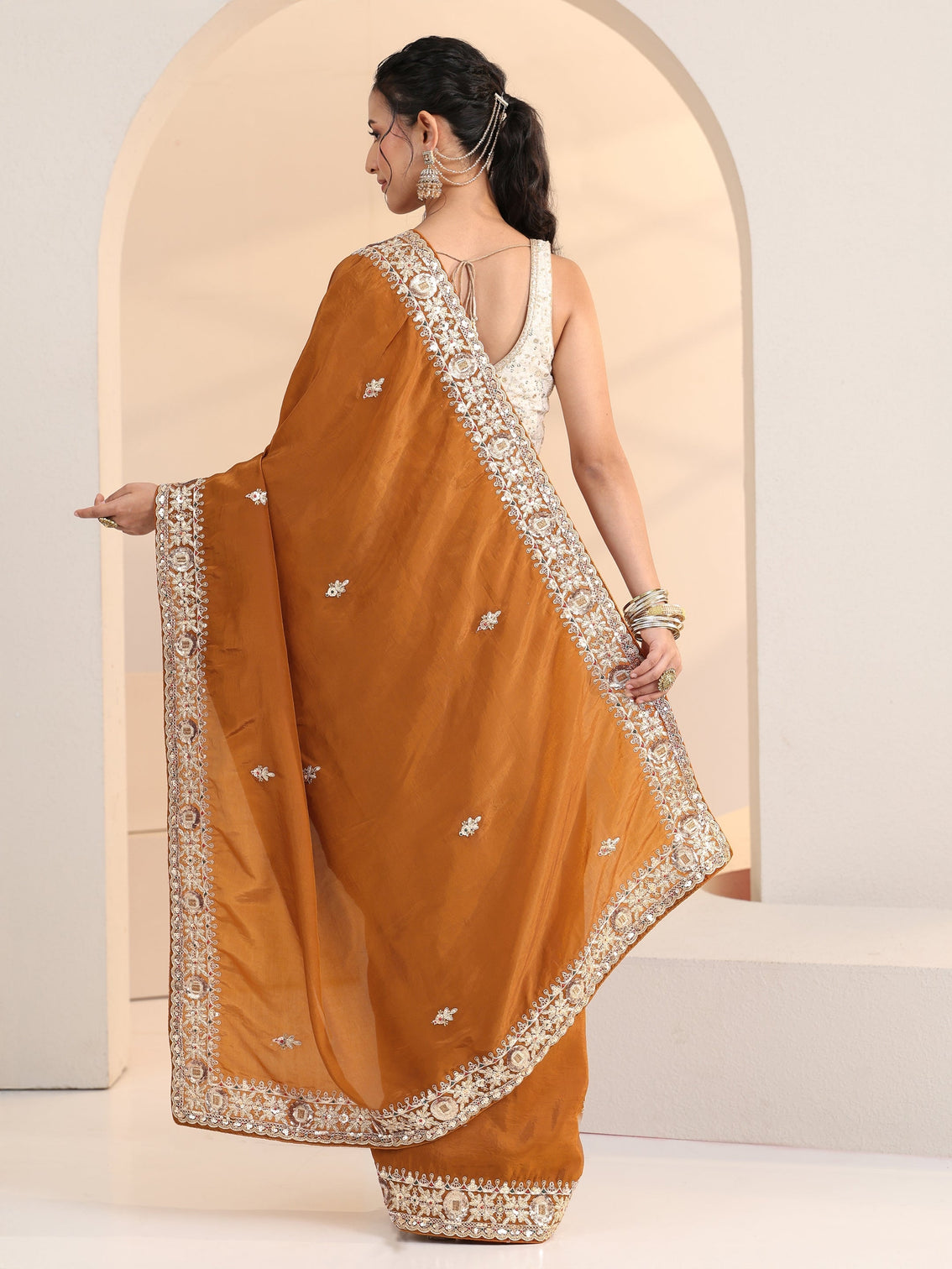 Mameraa Rust Embroidered Silk Blend Saree