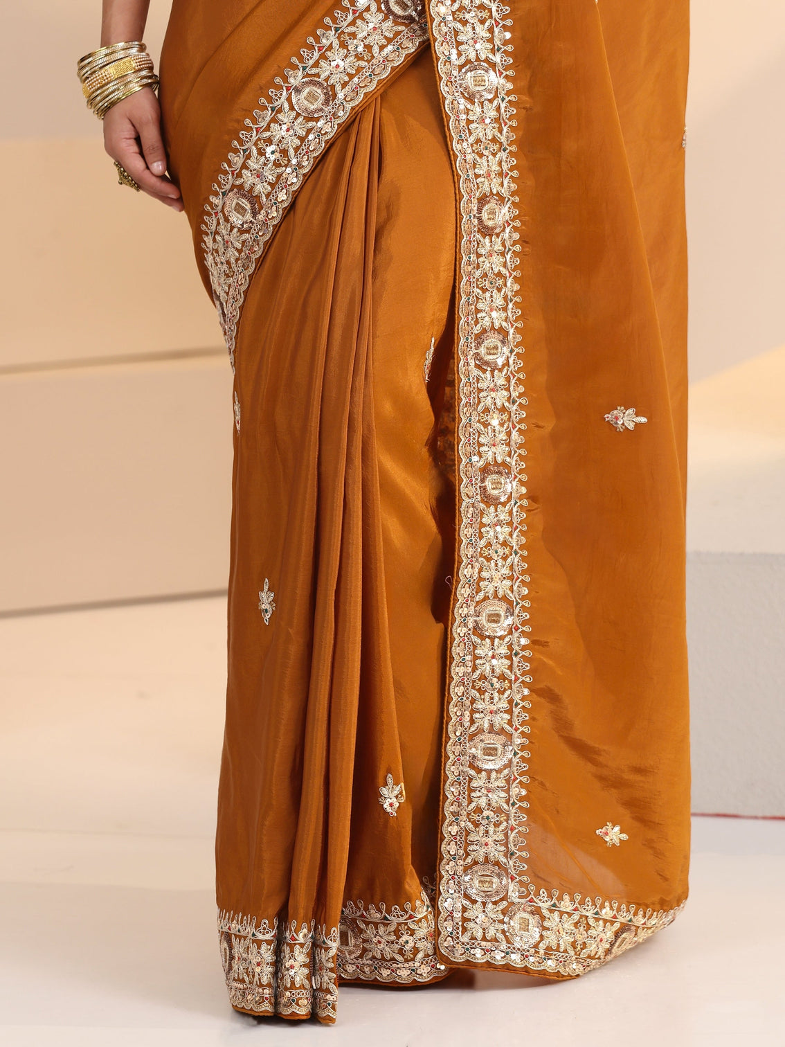 Mameraa Rust Embroidered Silk Blend Saree