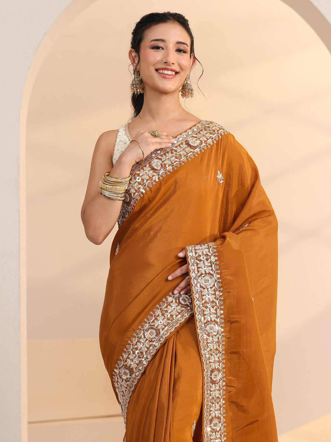 Mameraa Rust Embroidered Silk Blend Saree