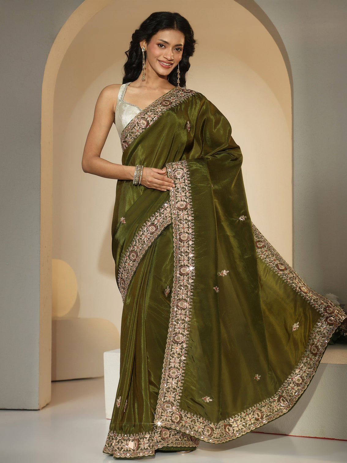 Mameraa Olive Green Embroidered Silk Blend Saree