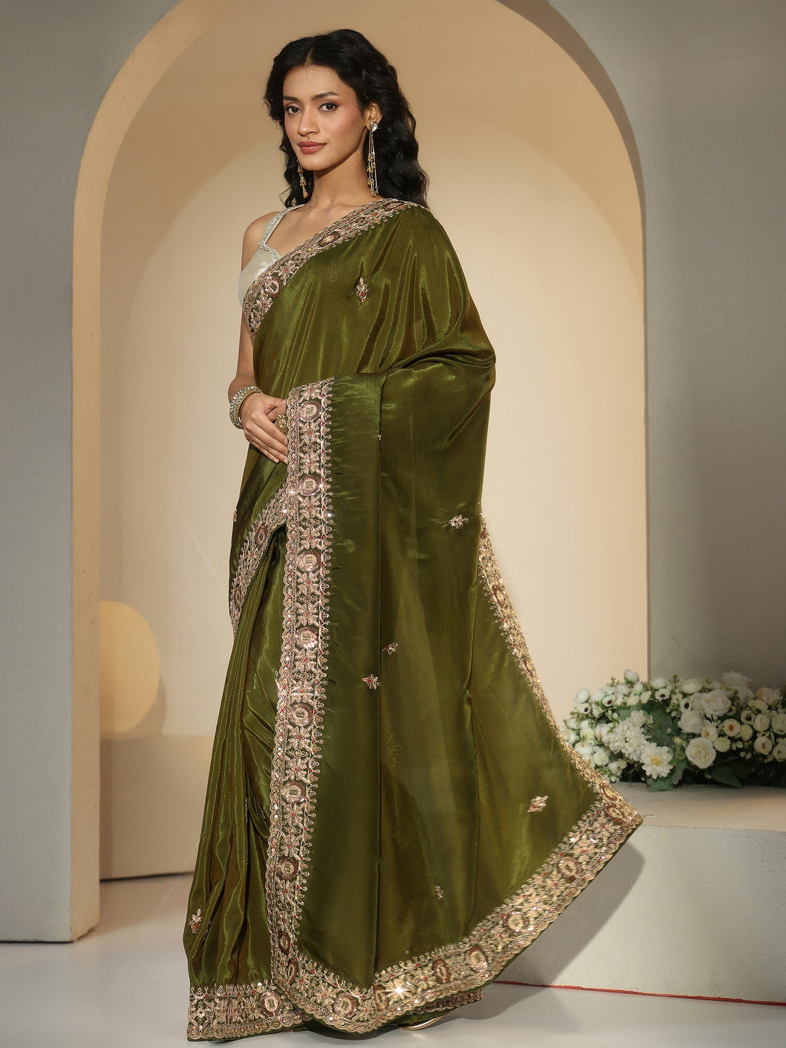 Mameraa Olive Green Embroidered Silk Blend Saree