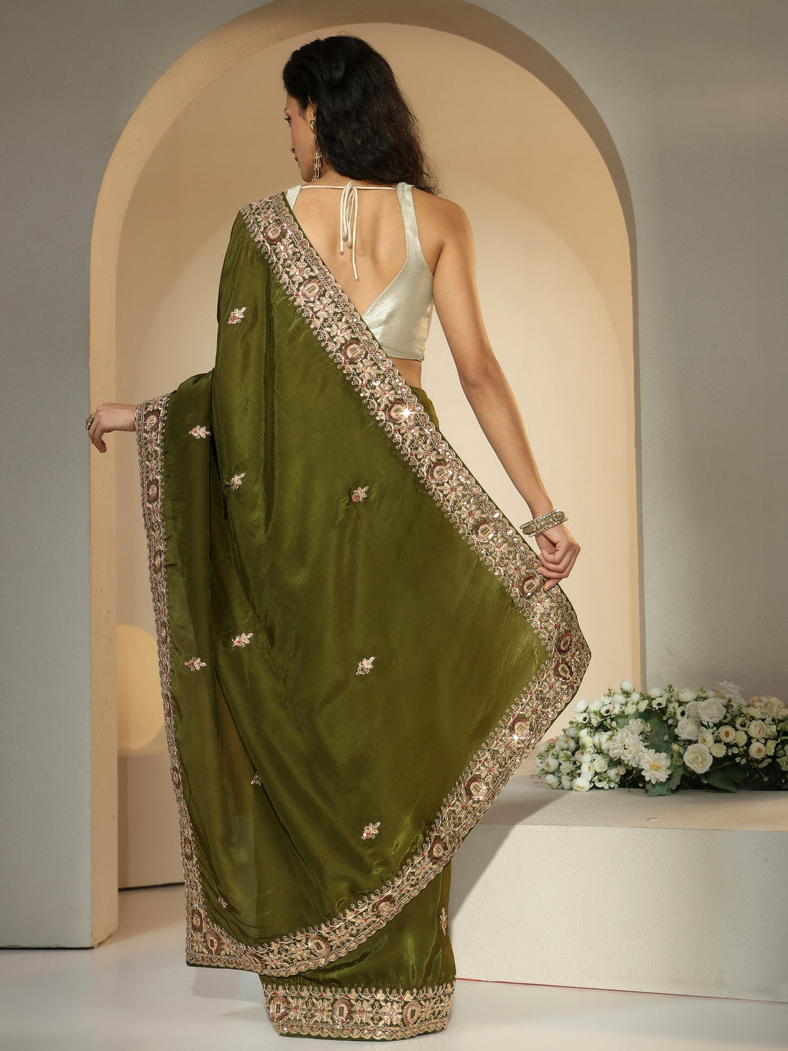 Mameraa Olive Green Embroidered Silk Blend Saree
