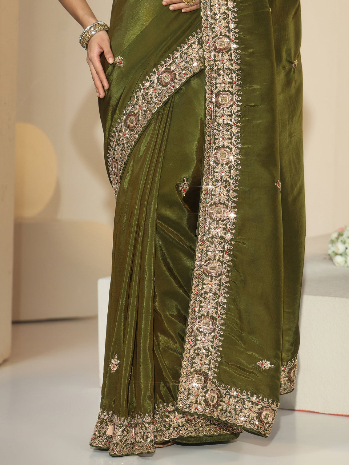 Mameraa Olive Green Embroidered Silk Blend Saree