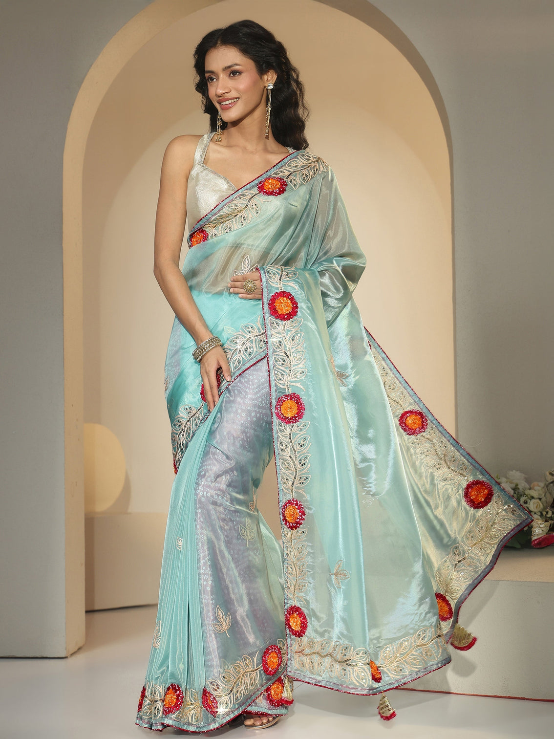 Mameraa Powder Blue Floral Embellished Tissue Saree
