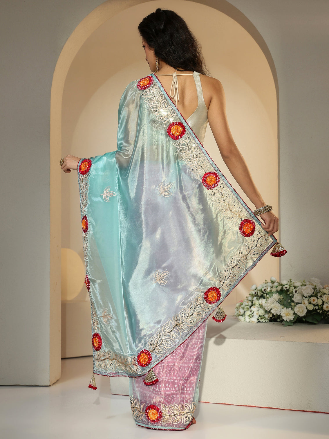 Mameraa Powder Blue Floral Embellished Tissue Saree