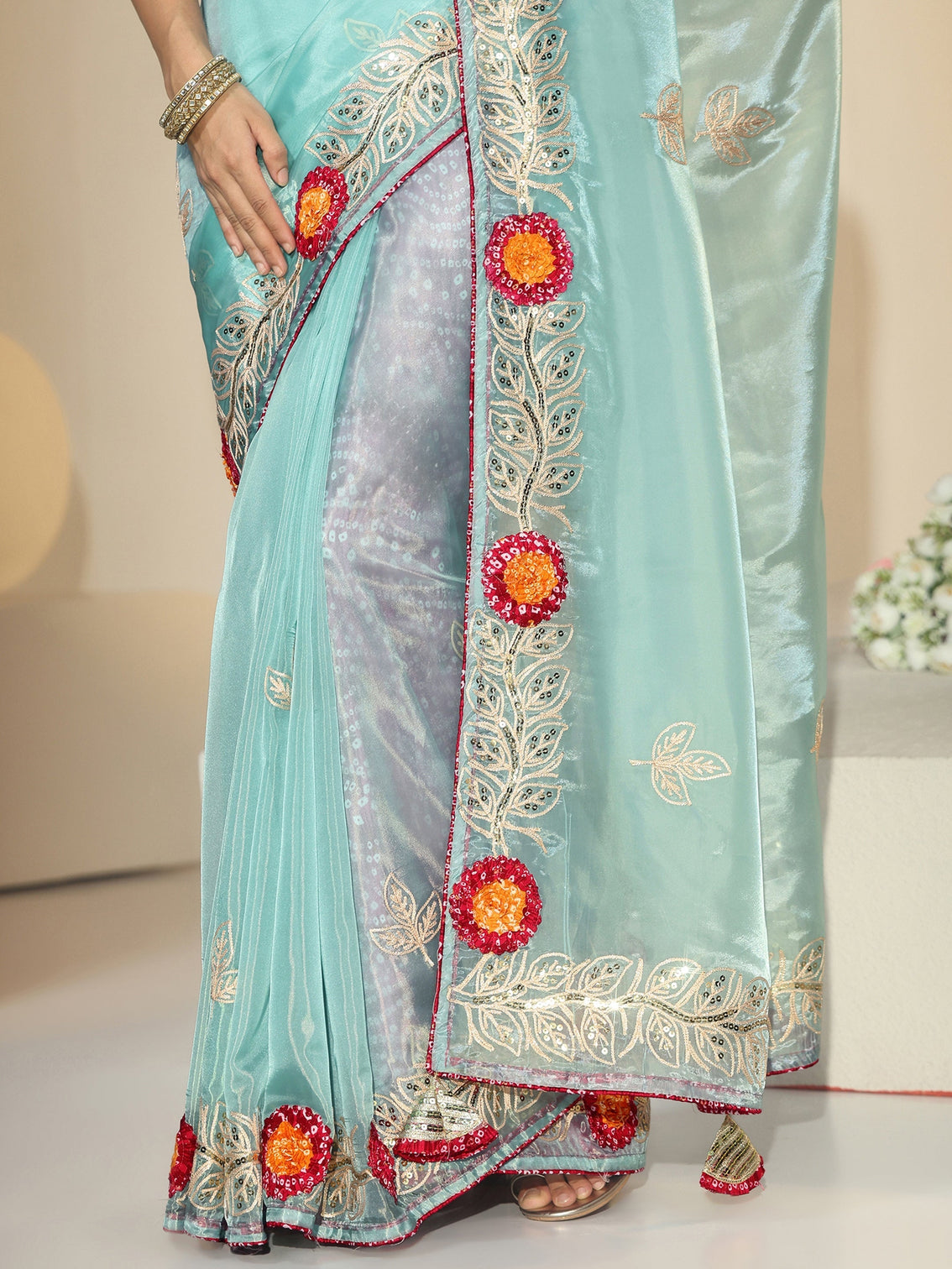 Mameraa Powder Blue Floral Embellished Tissue Saree