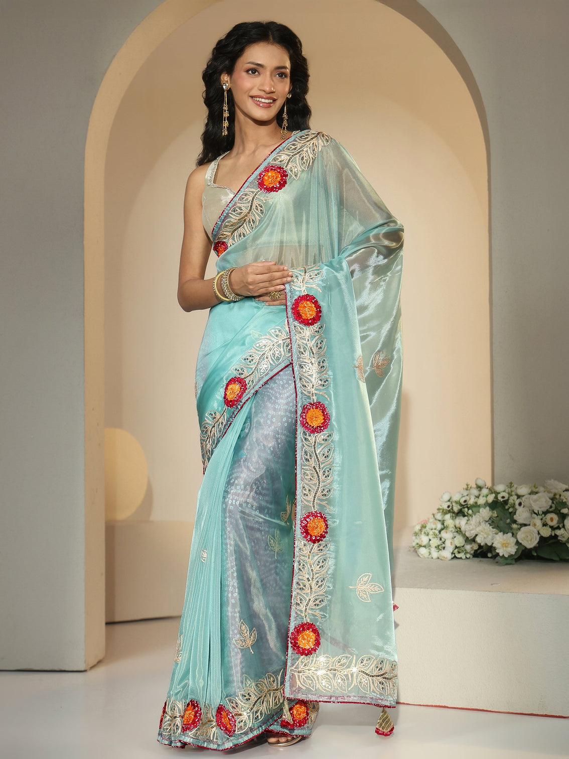 Mameraa Powder Blue Floral Embellished Tissue Saree