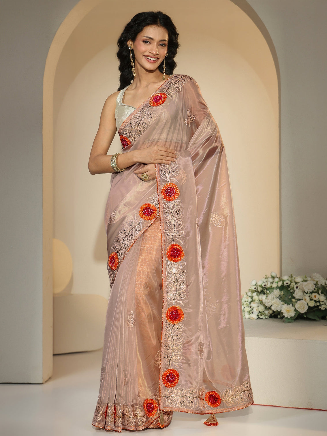 Mameraa Beige Floral Embellished Tissue Saree