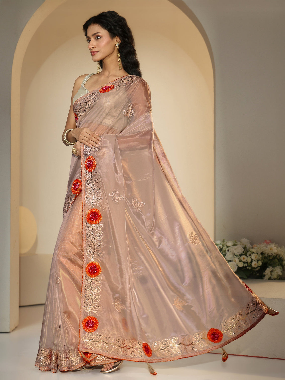 Mameraa Beige Floral Embellished Tissue Saree