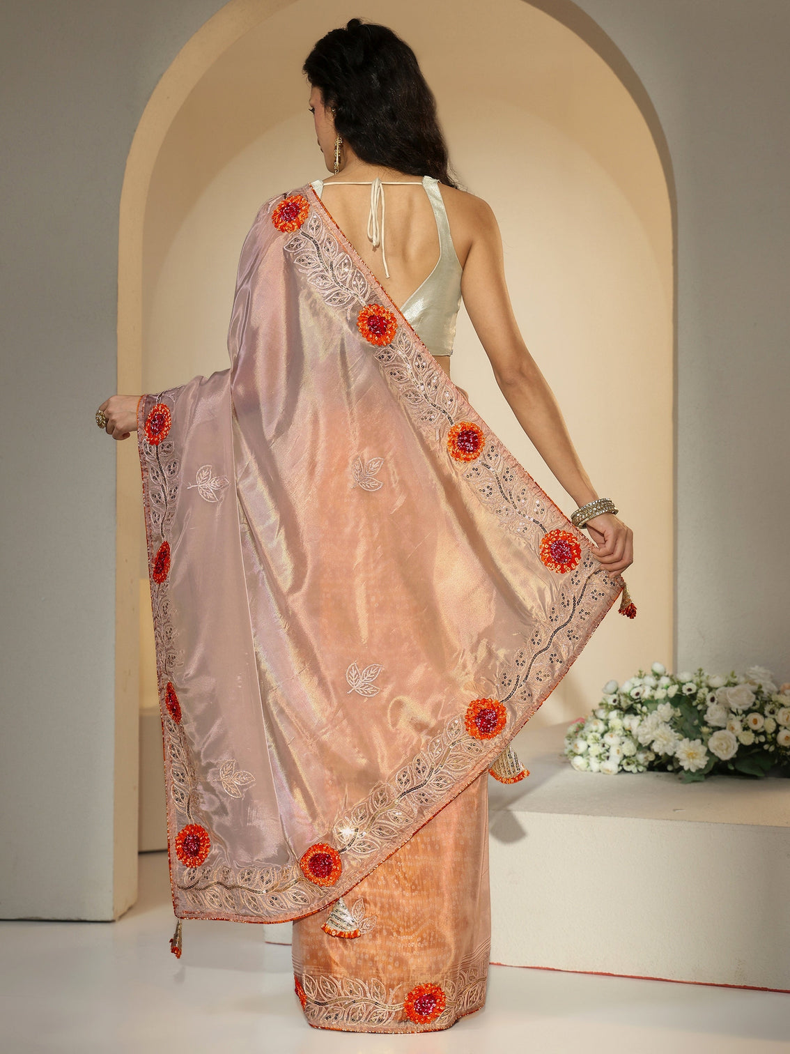 Mameraa Beige Floral Embellished Tissue Saree