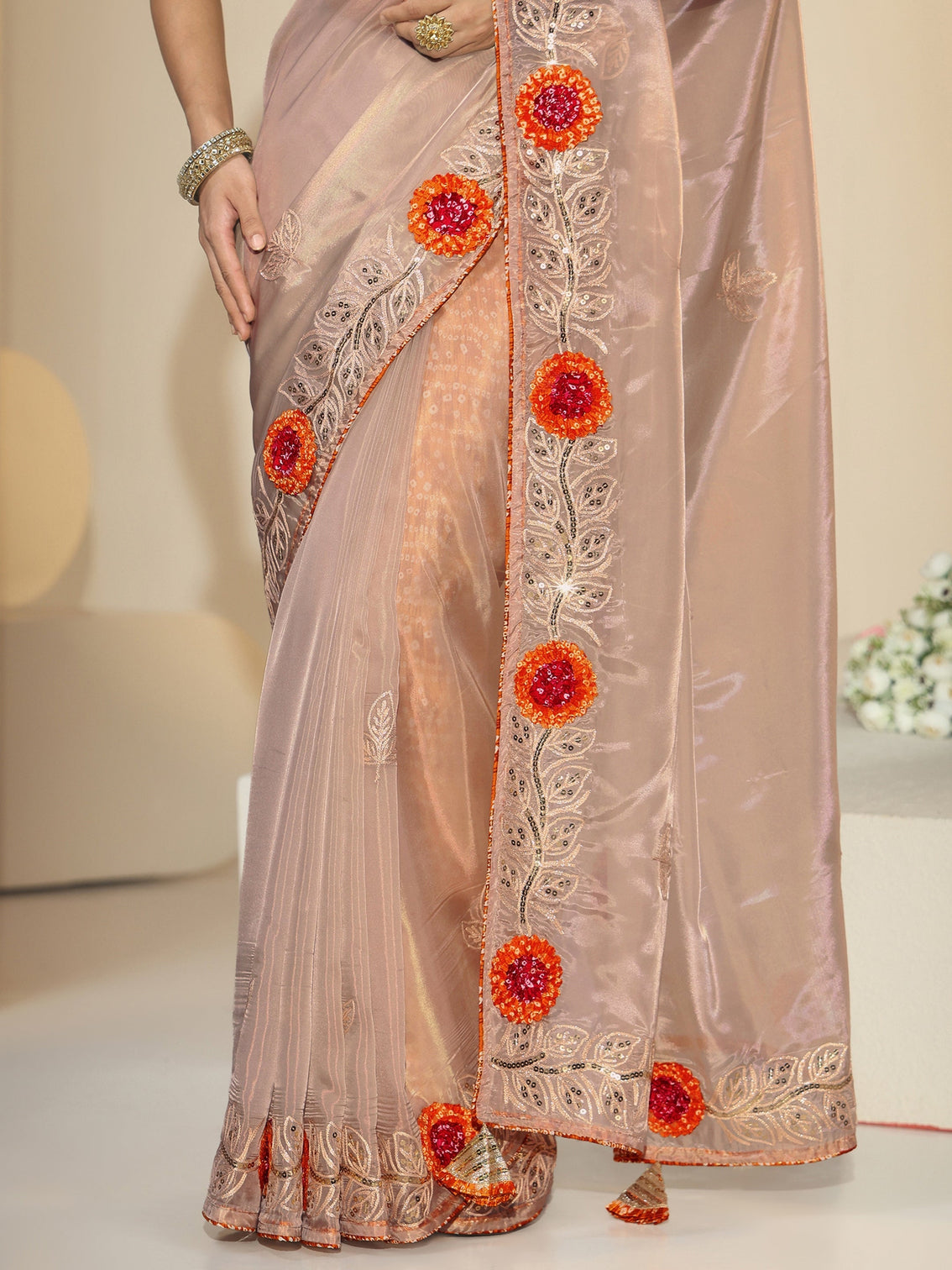 Mameraa Beige Floral Embellished Tissue Saree