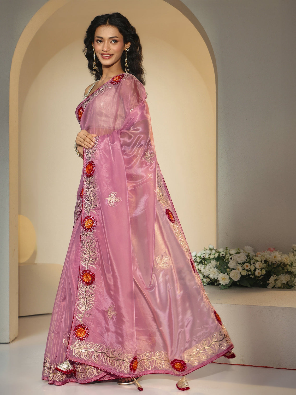 Mameraa Dusty Rose Pink Floral Embellished Tissue Saree