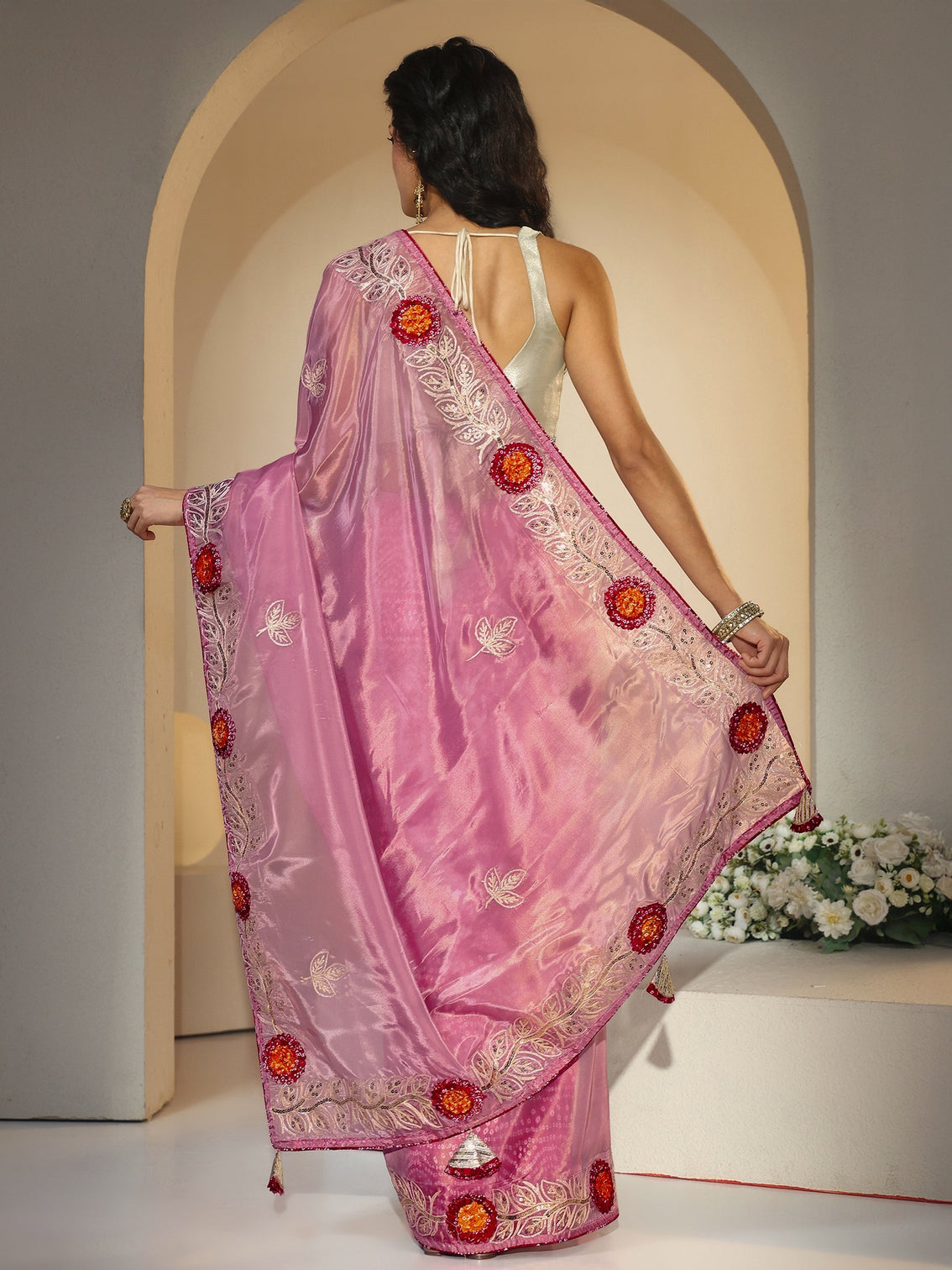 Mameraa Dusty Rose Pink Floral Embellished Tissue Saree