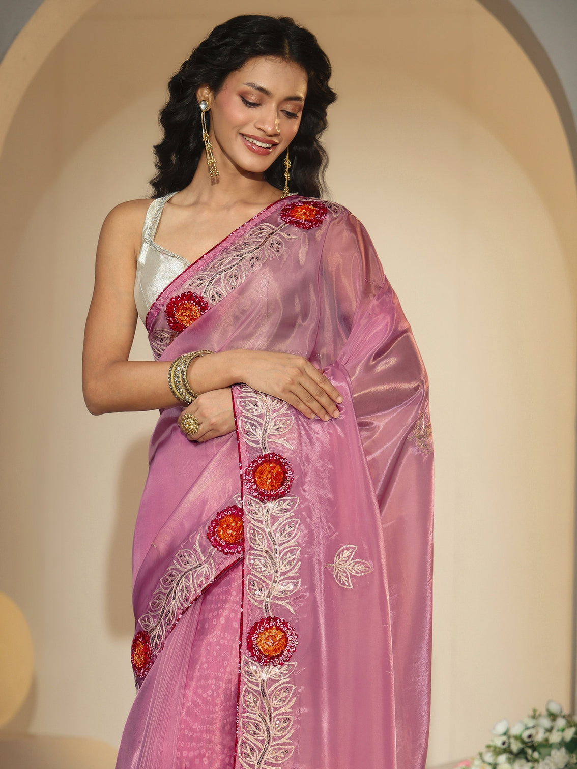 Mameraa Dusty Rose Pink Floral Embellished Tissue Saree