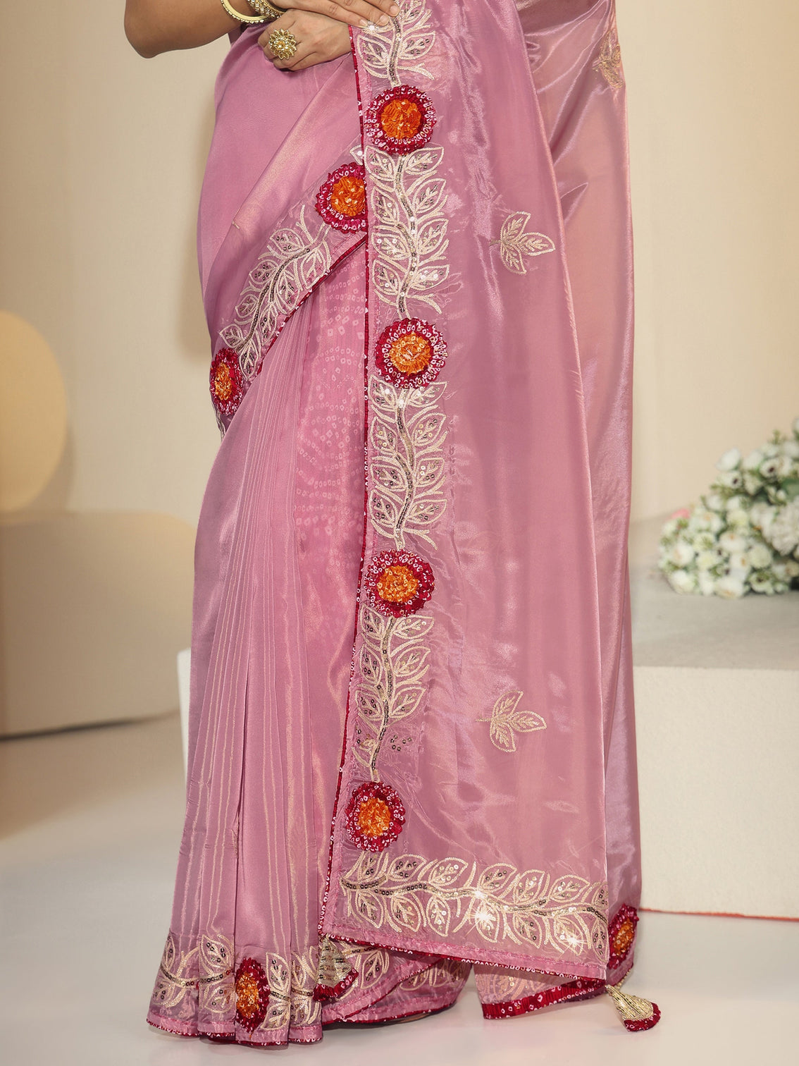 Mameraa Dusty Rose Pink Floral Embellished Tissue Saree