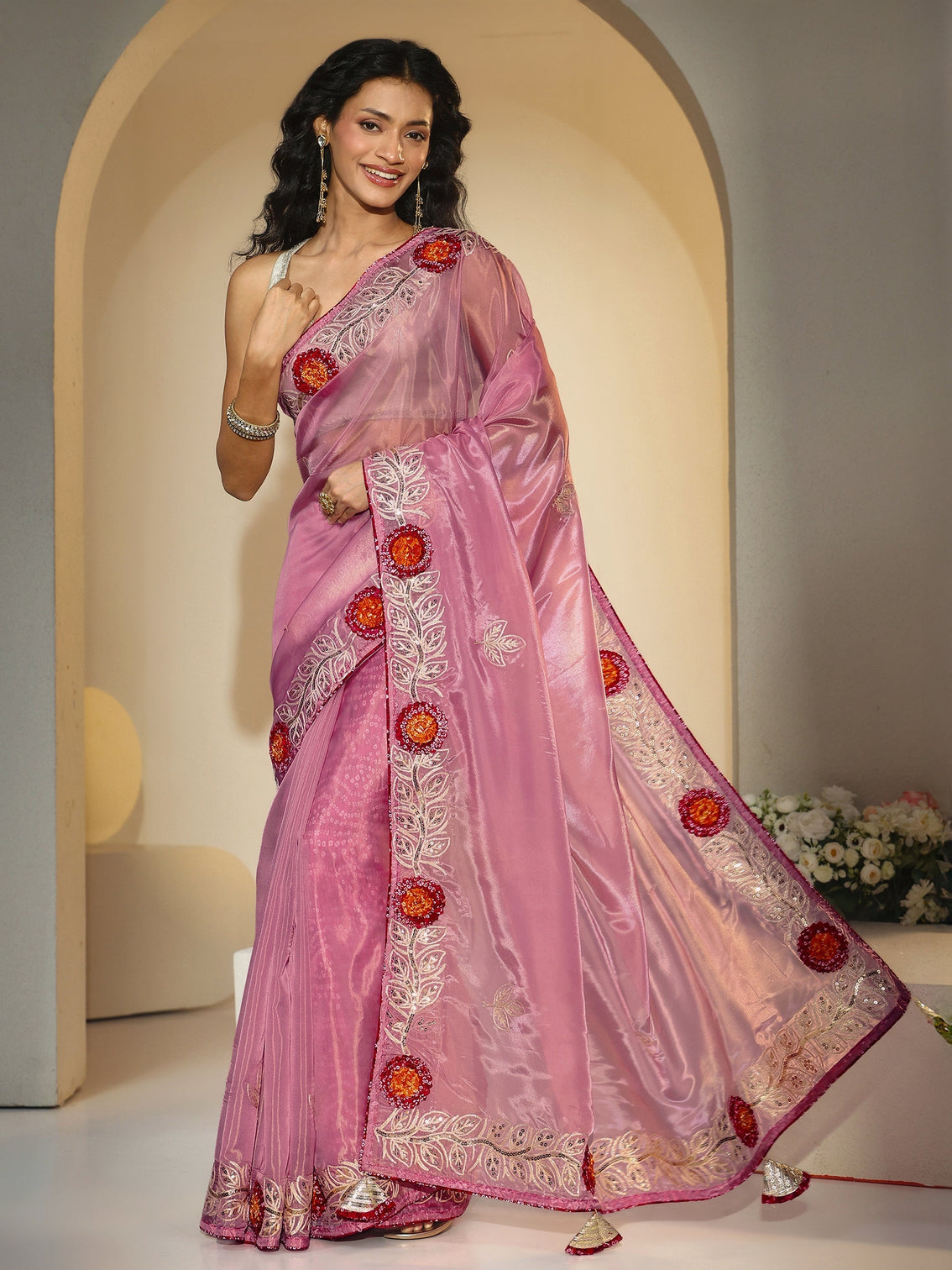 Mameraa Dusty Rose Pink Floral Embellished Tissue Saree