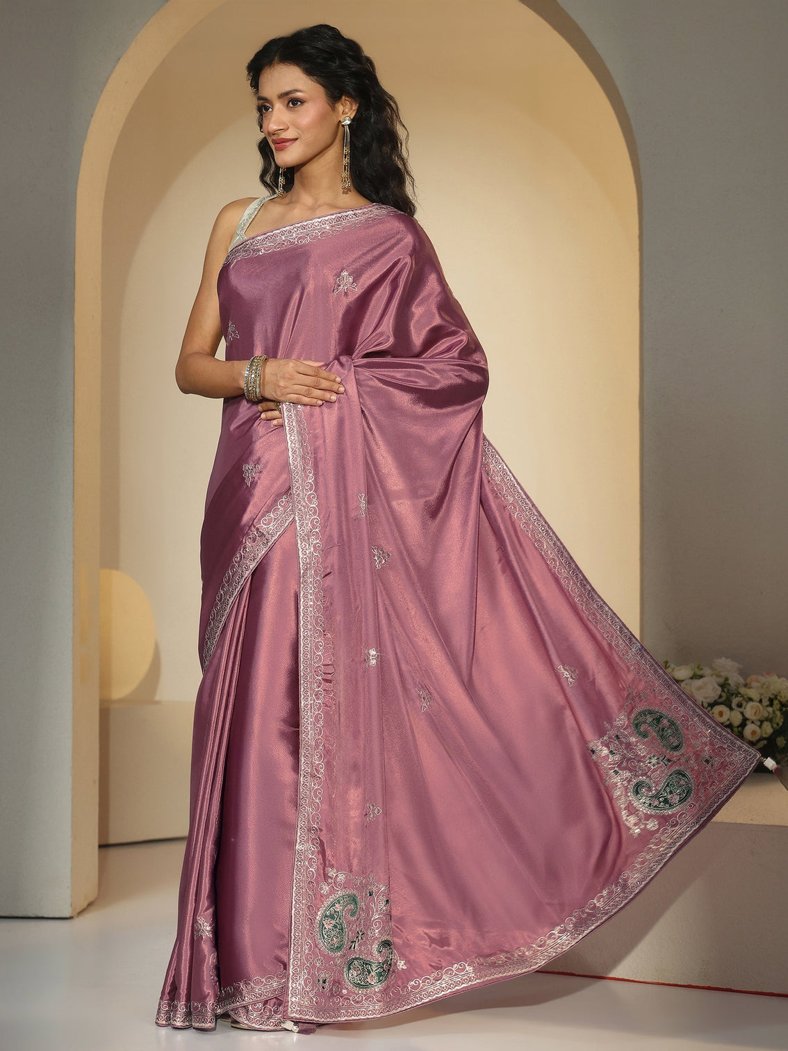 Mameraa Dusty Rose Pink Embroidered Silk Blend Saree