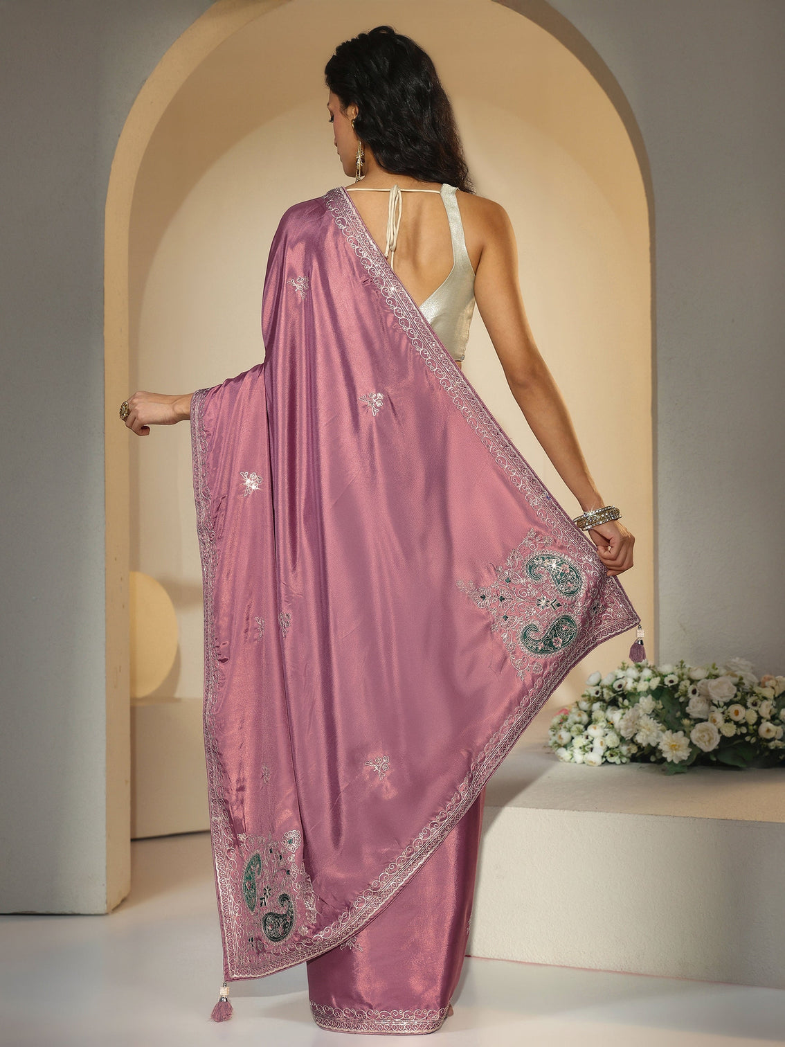 Mameraa Dusty Rose Pink Embroidered Silk Blend Saree