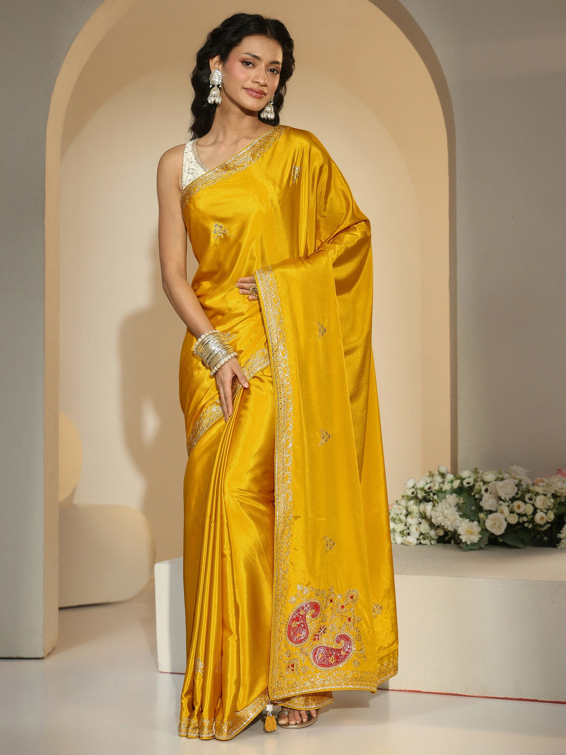 Mameraa Mustard Embroidered Silk Blend Saree