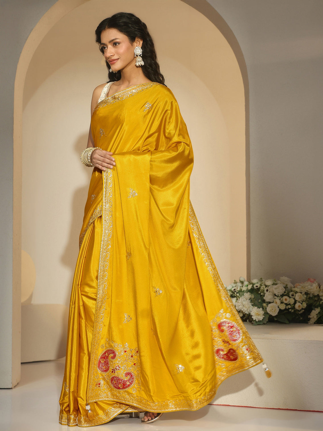 Mameraa Mustard Embroidered Silk Blend Saree