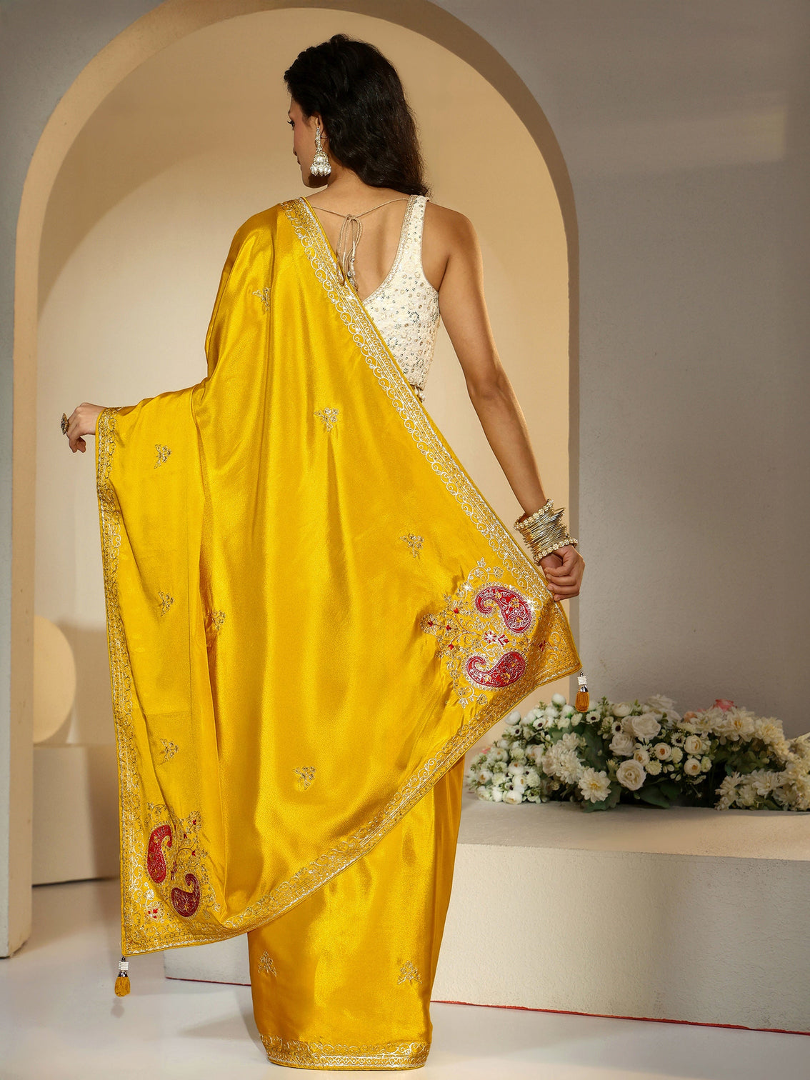 Mameraa Mustard Embroidered Silk Blend Saree