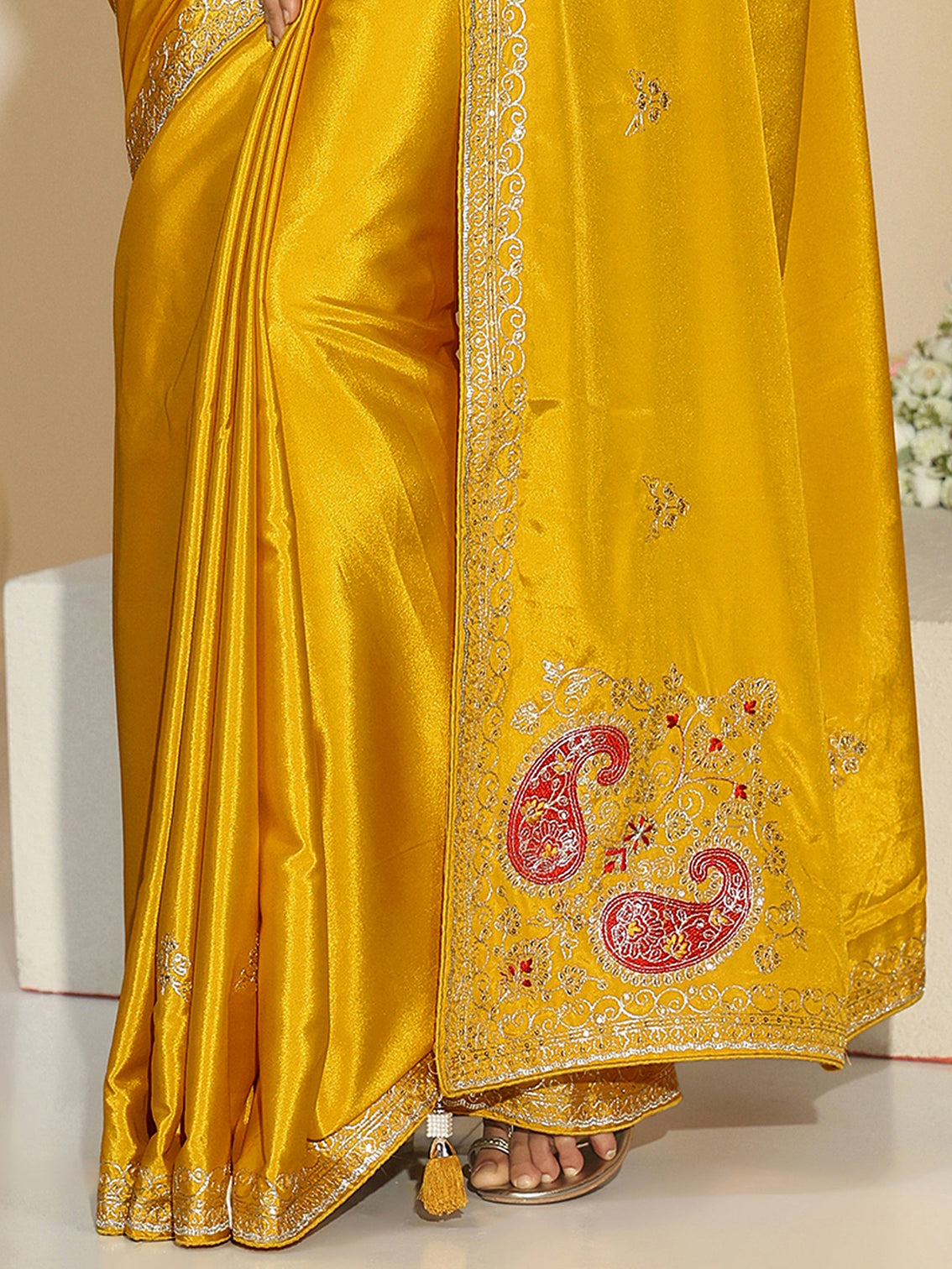 Mameraa Mustard Embroidered Silk Blend Saree