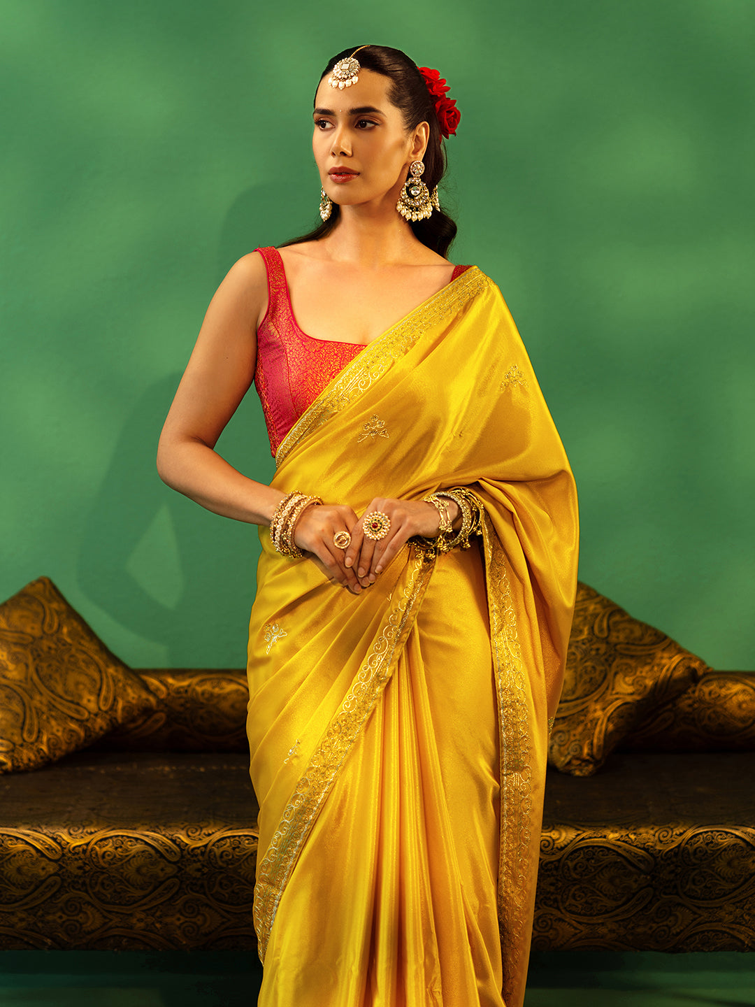 Mameraa Mustard Embroidered Silk Blend Saree