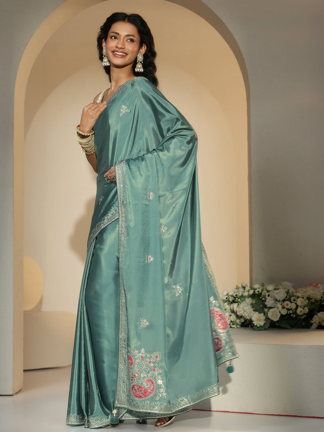 Mameraa Aqua Green Embroidered Silk Blend Saree