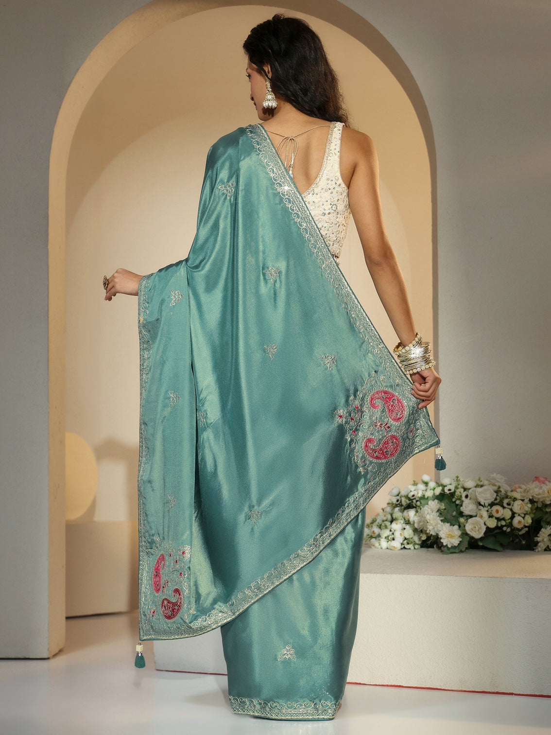 Mameraa Aqua Green Embroidered Silk Blend Saree
