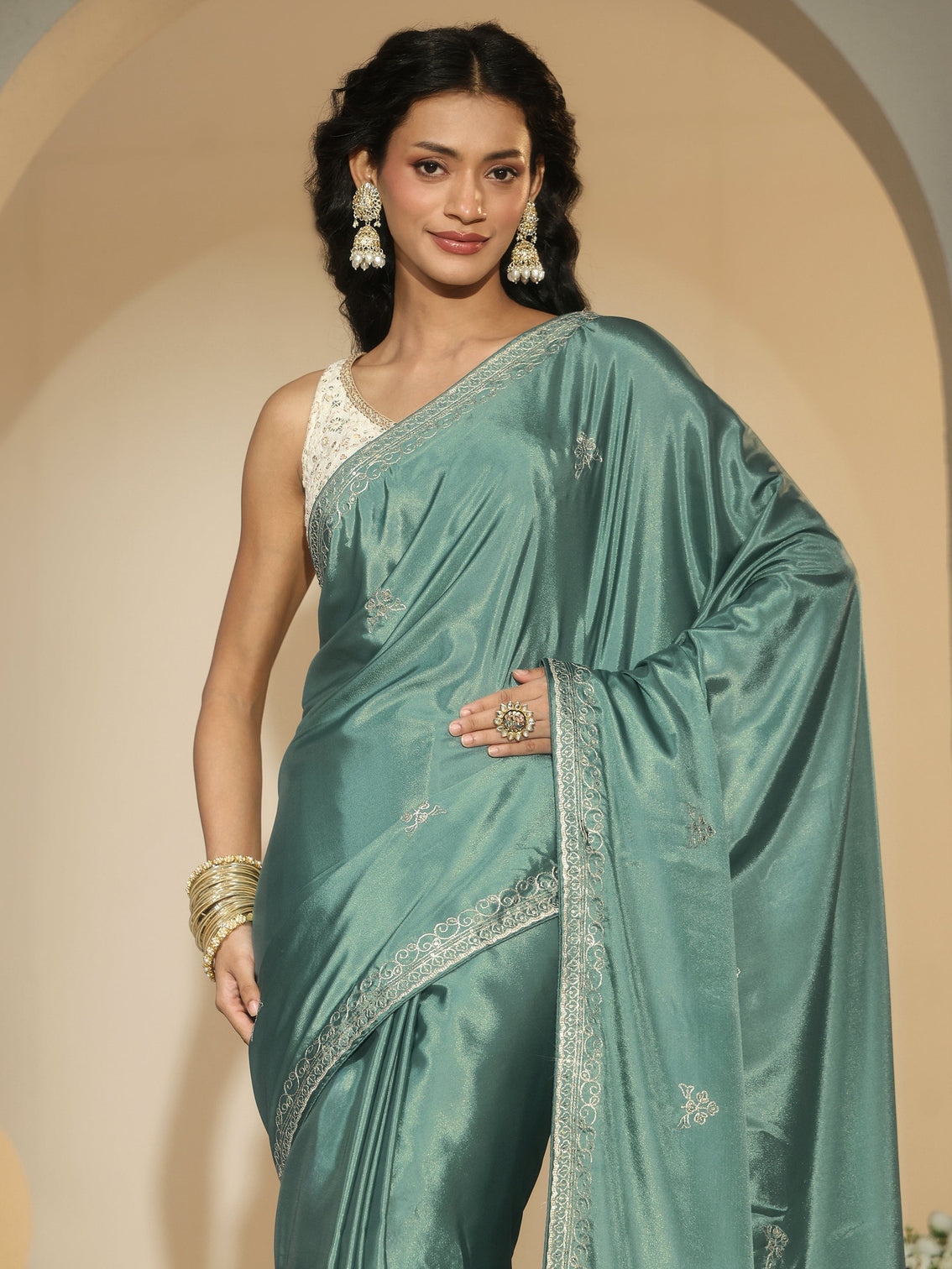 Mameraa Aqua Green Embroidered Silk Blend Saree