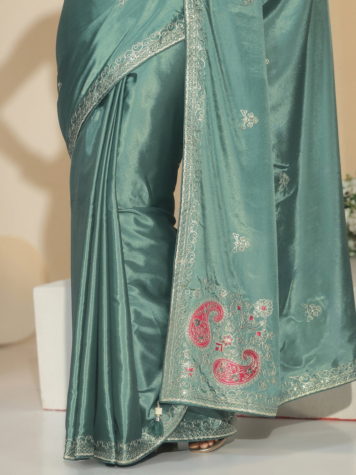 Mameraa Aqua Green Embroidered Silk Blend Saree