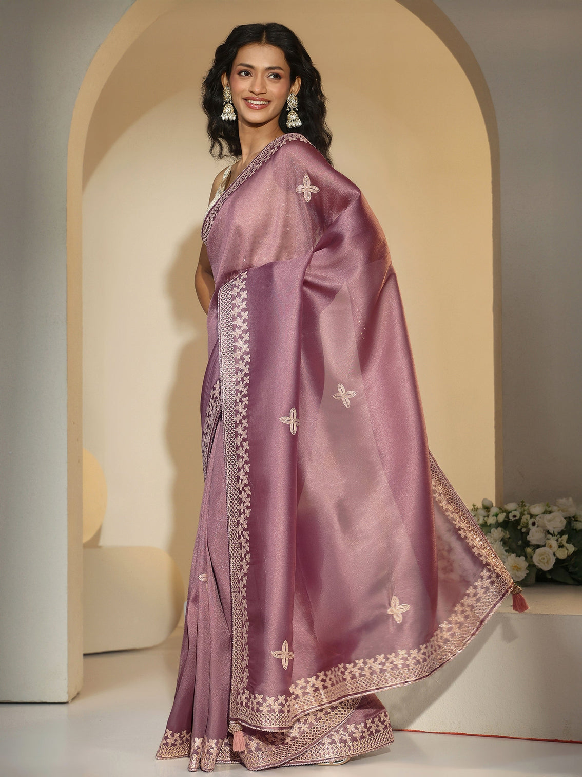 Mameraa Mauve Mirror Work Embellished Tissue Saree