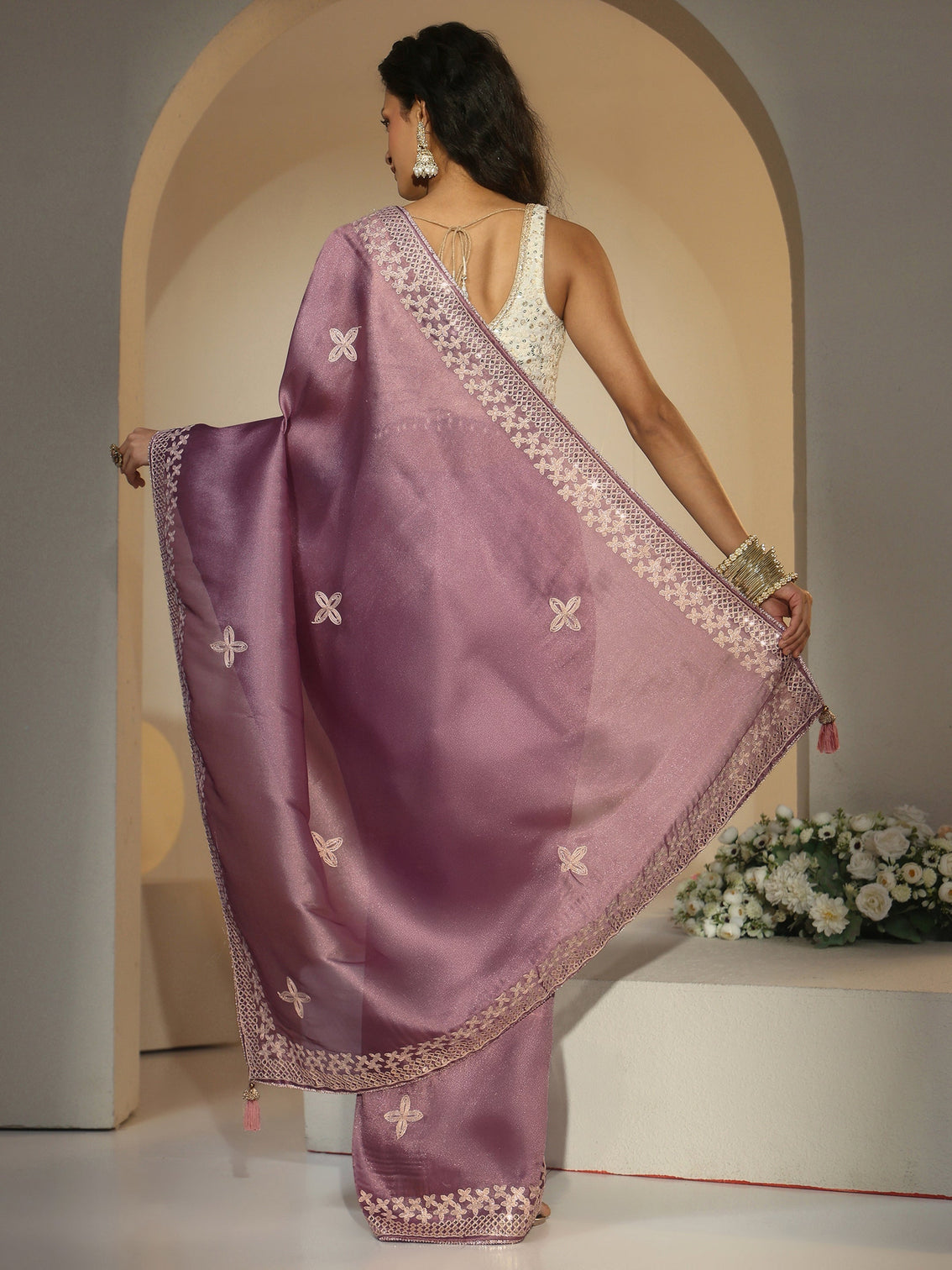 Mameraa Mauve Mirror Work Embellished Tissue Saree