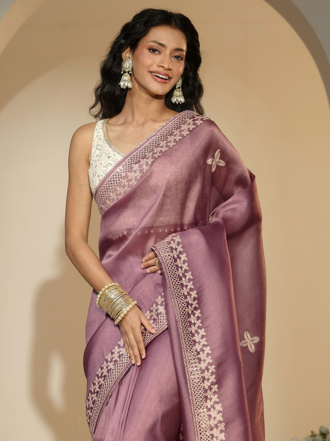 Mameraa Mauve Mirror Work Embellished Tissue Saree