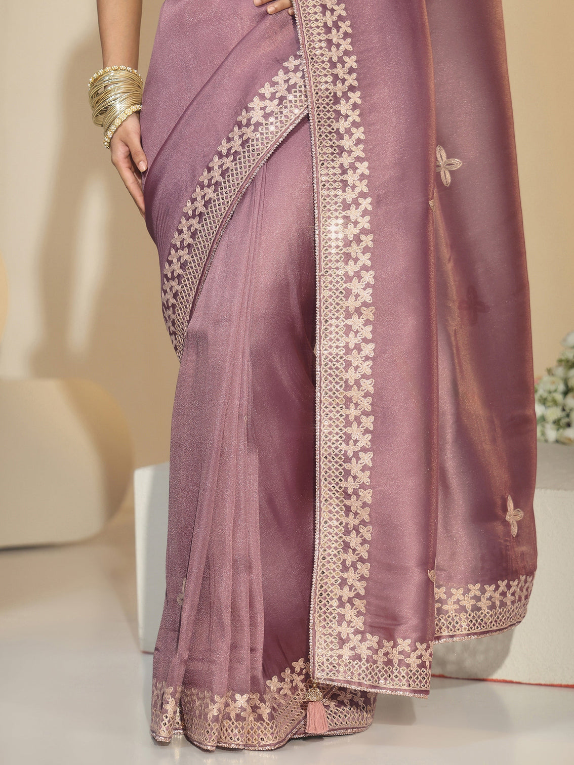 Mameraa Mauve Mirror Work Embellished Tissue Saree