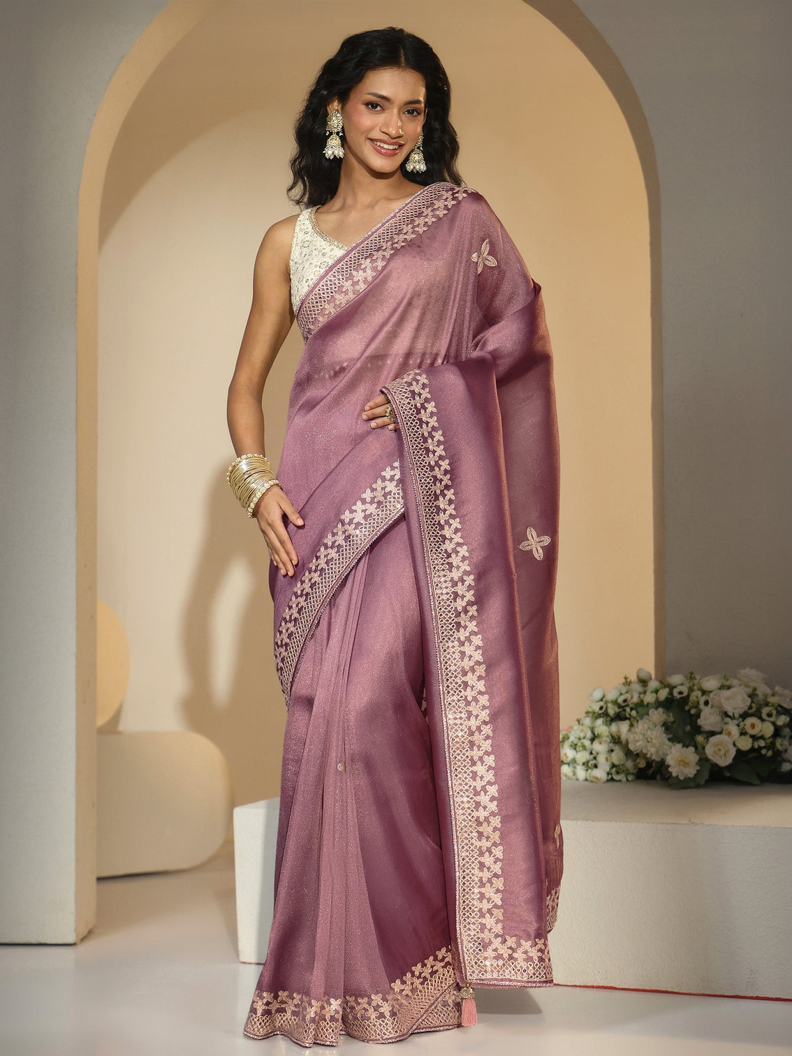 Mameraa Mauve Mirror Work Embellished Tissue Saree