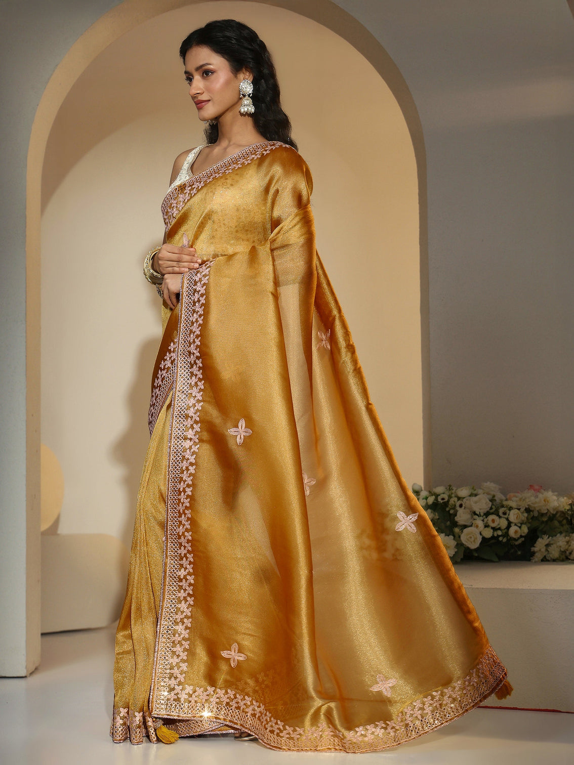 Mameraa Mustard Mirror Work Embellished Tissue Saree