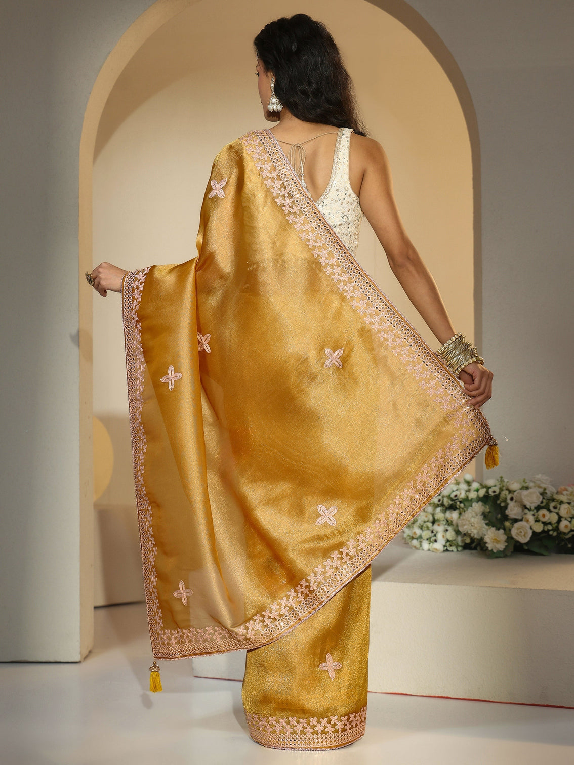 Mameraa Mustard Mirror Work Embellished Tissue Saree