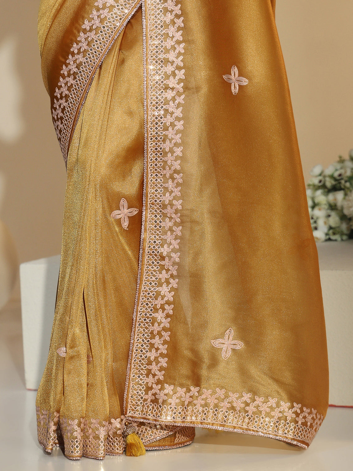 Mameraa Mustard Mirror Work Embellished Tissue Saree