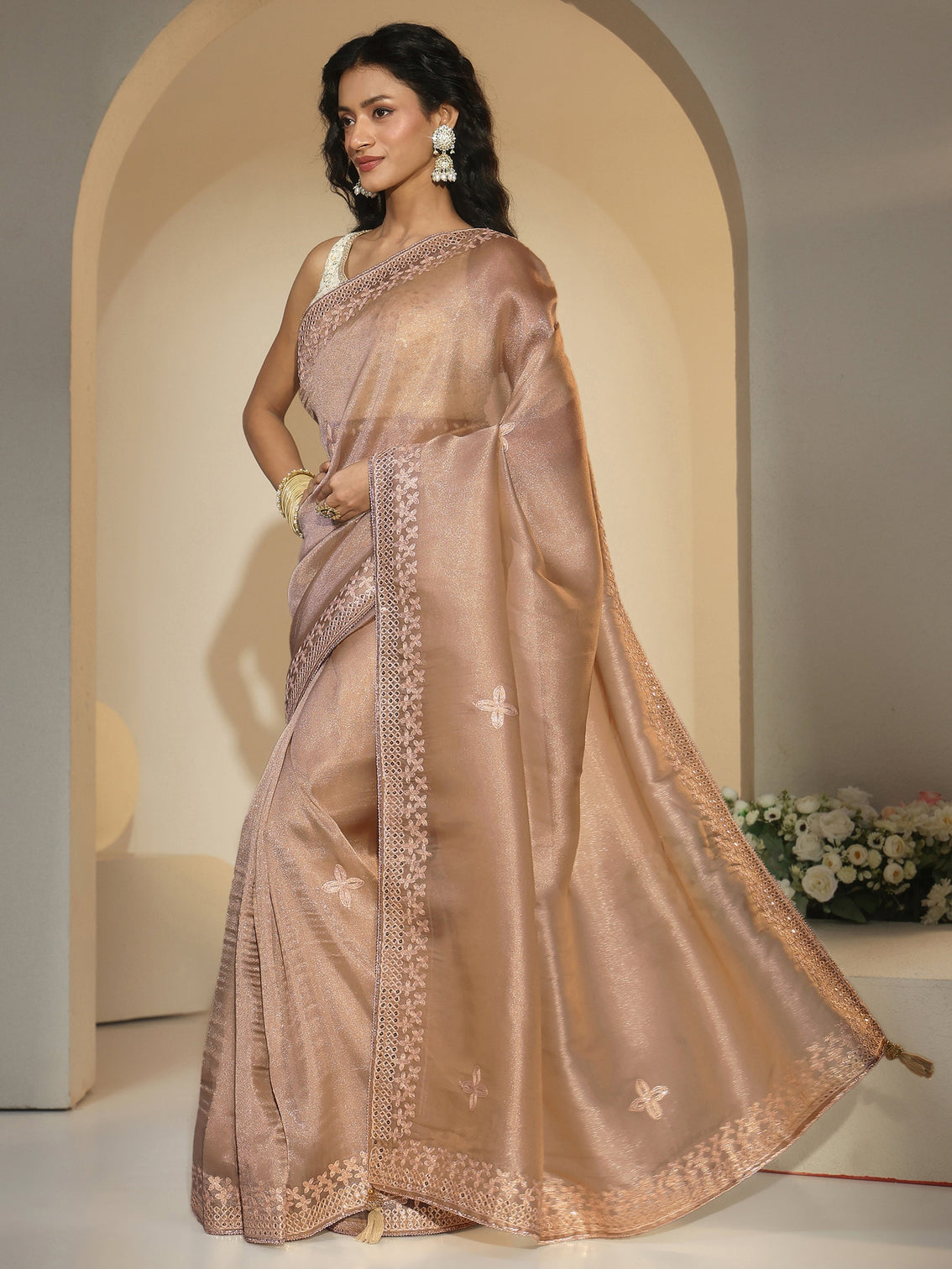 Mameraa Golden Mirror Work Embellished Tissue Saree