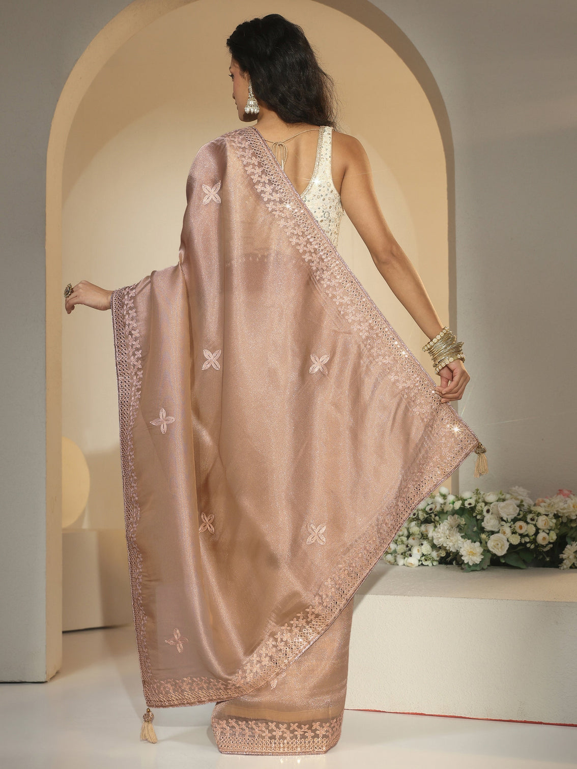Mameraa Golden Mirror Work Embellished Tissue Saree