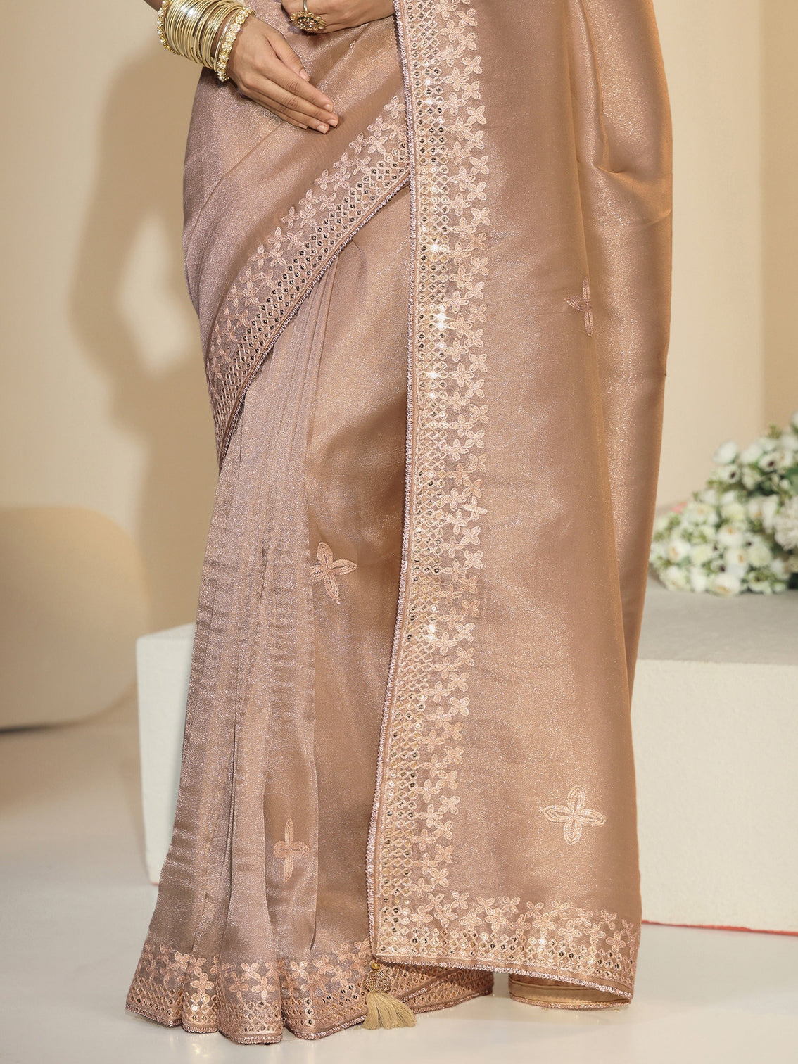Mameraa Golden Mirror Work Embellished Tissue Saree