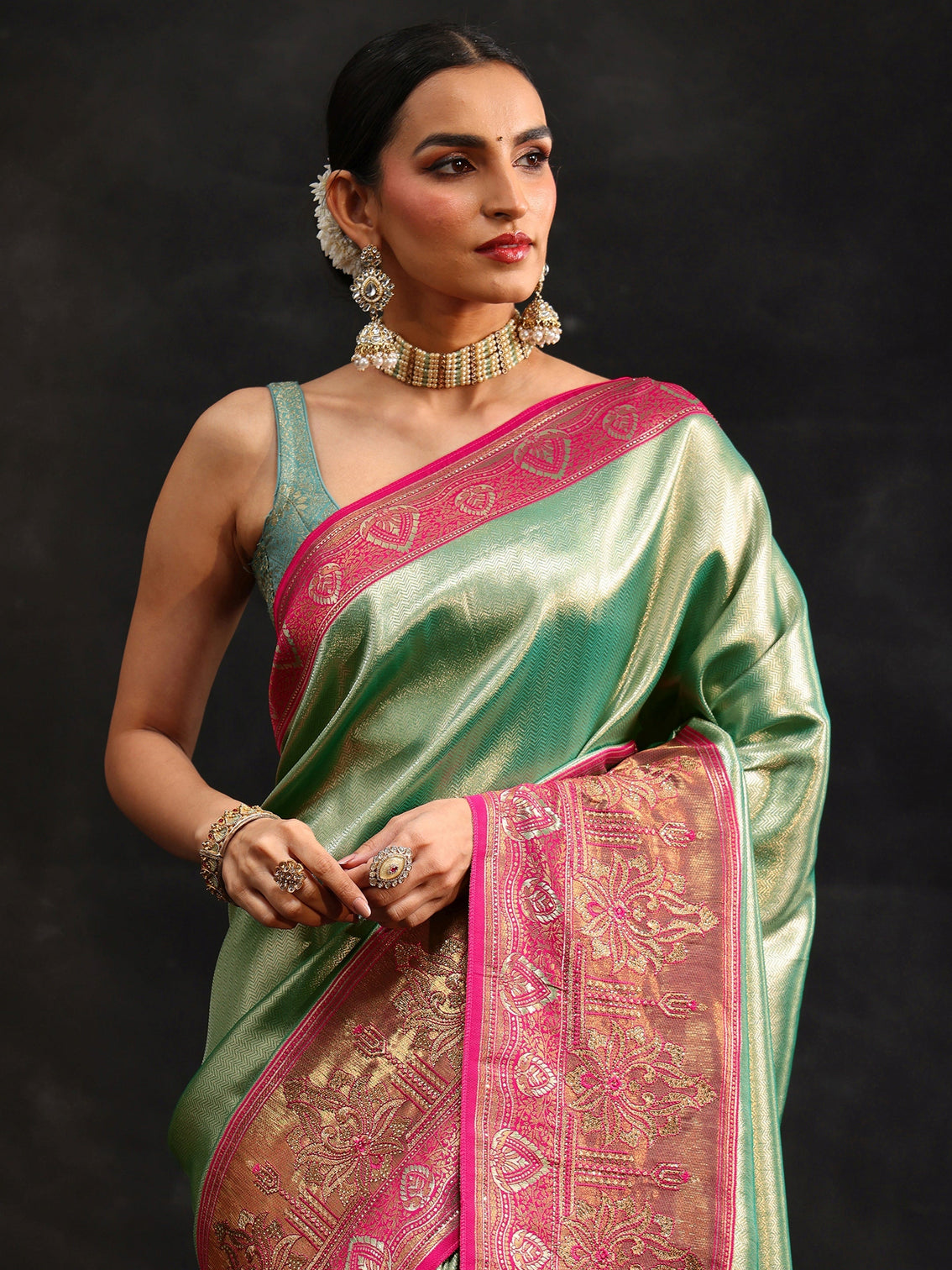 Mameraa Sea Green Woven Design Silk Blend Saree